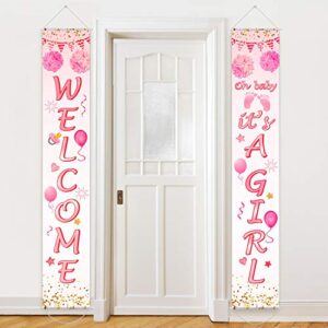 baby shower decorations welcome it’s a girl banner backdrop background door hanging porch sign for baby shower party supplies, 71 x 12 inch