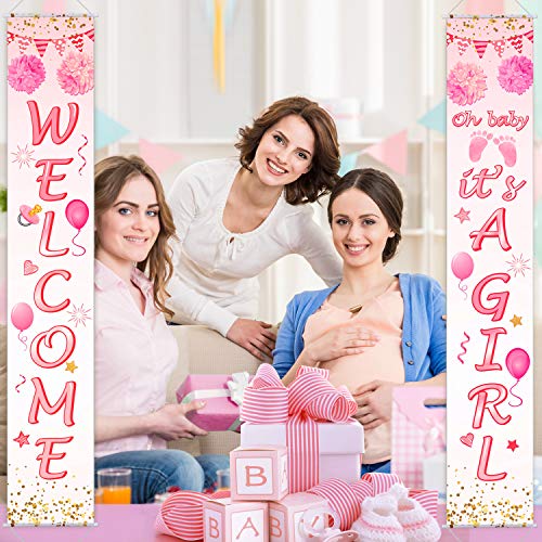 Baby Shower Decorations Welcome It's a Girl Banner Backdrop Background Door Hanging Porch Sign for Baby Shower Party Supplies, 71 x 12 Inch