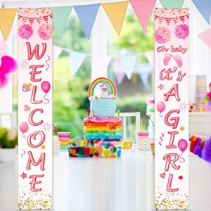 Baby Shower Decorations Welcome It's a Girl Banner Backdrop Background Door Hanging Porch Sign for Baby Shower Party Supplies, 71 x 12 Inch