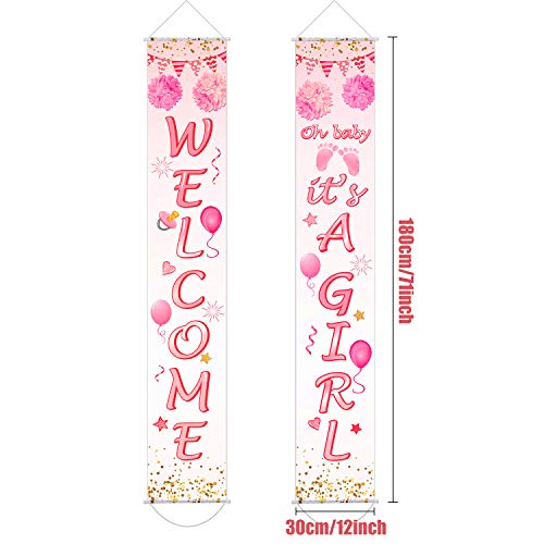 Baby Shower Decorations Welcome It's a Girl Banner Backdrop Background Door Hanging Porch Sign for Baby Shower Party Supplies, 71 x 12 Inch