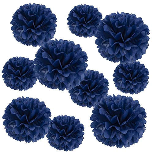 10 Pcs Paper Pom Poms Flowers for Wedding, Birthday Party, Baby Shower, Nursery Decor, Bachelorette Party Hanging Decor, Easy Joy (10 inch, Navy Blue)