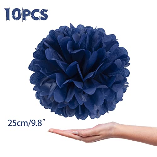 10 Pcs Paper Pom Poms Flowers for Wedding, Birthday Party, Baby Shower, Nursery Decor, Bachelorette Party Hanging Decor, Easy Joy (10 inch, Navy Blue)