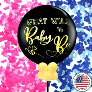 what will baby bee gender reveal balloon – 36″ black balloon – pink and blue confetti for boy or girl – baby shower gender reveal party supplies decoration kit