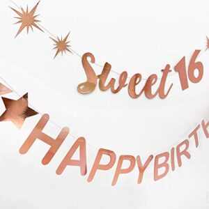 Rose Gold Sweet 16 Happy Birthday Banner Garland for Sweet 16 Decorations Hanging Sweet 16 Signs Foil Balloon 16 for Girls 16th Happy Birthday Party Banner for Sweet Sixteen Party Decor Supplies
