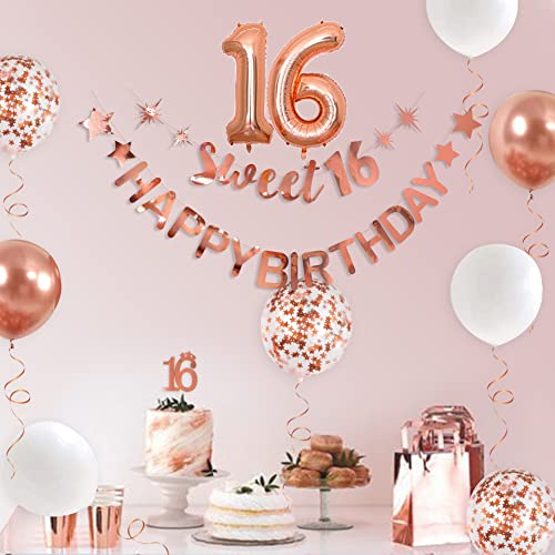 Rose Gold Sweet 16 Happy Birthday Banner Garland for Sweet 16 Decorations Hanging Sweet 16 Signs Foil Balloon 16 for Girls 16th Happy Birthday Party Banner for Sweet Sixteen Party Decor Supplies