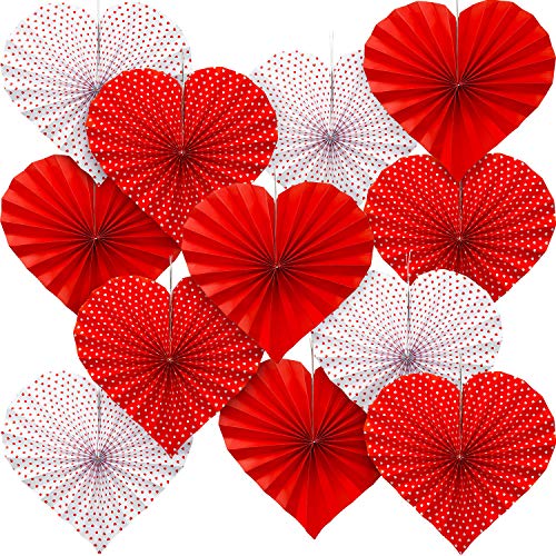 WILLBOND 12 Pieces Red Heart Paper Fans Heart Shaped Valentine Day Party Hanging Decorations for Valentines Decor Anniversary Wedding Bridal Shower Photo Backdrops