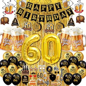 60th birthday decorations for men women – (60pcs) black gold party banner, 40 inch gold balloons,60th sign latex balloon,fringe curtains and cheers to you foil balloons,hanging swirl,photo props
