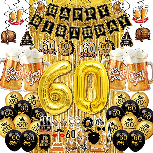 60th birthday decorations for men women - (60pcs) black gold party Banner, 40 Inch Gold Balloons,60th Sign Latex Balloon,Fringe Curtains and cheers to you Foil Balloons,Hanging Swirl,photo props