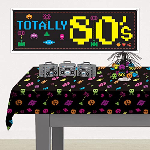 Beistle Plastic Rectangle 80's Table Cover for 1980's Theme Video Game Party Supplies, 54"x108", Black, Yellow, Blue, Orange, Purple