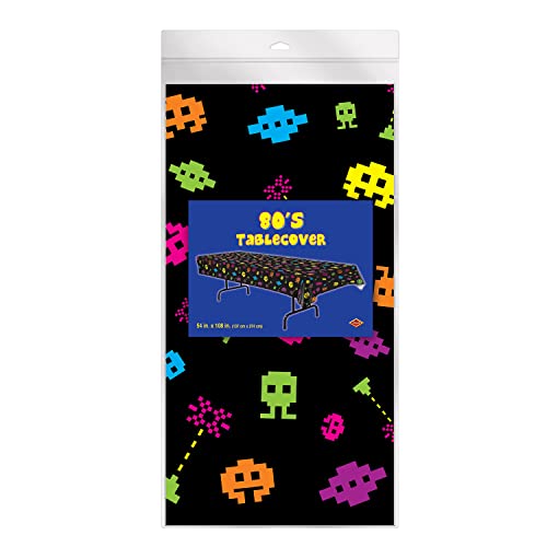 Beistle Plastic Rectangle 80's Table Cover for 1980's Theme Video Game Party Supplies, 54"x108", Black, Yellow, Blue, Orange, Purple