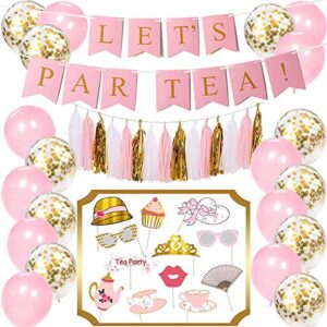 Tea Party Decorations Kit | "Lets Par Tea!" Banner | Tea Party Photobooth Props | Gold, Pink, White Tassels | 10 Gold Confetti Balloons 10 Light Pink Balloons