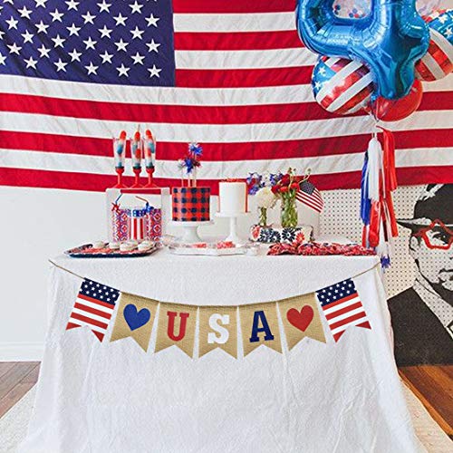 Uniwish USA Banner Burlap Bunting 4th of July Decorations American Independence Day Celebration Red White and Blue Theme Party Supplies