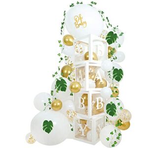 Baby Shower Balloon Boxes Party Decorations, Oh Baby Party Balloon Boxes White and Gold Balloons Palm Leaves Ivy Garland for Oh Baby Shower Party Decorations Boy Girls