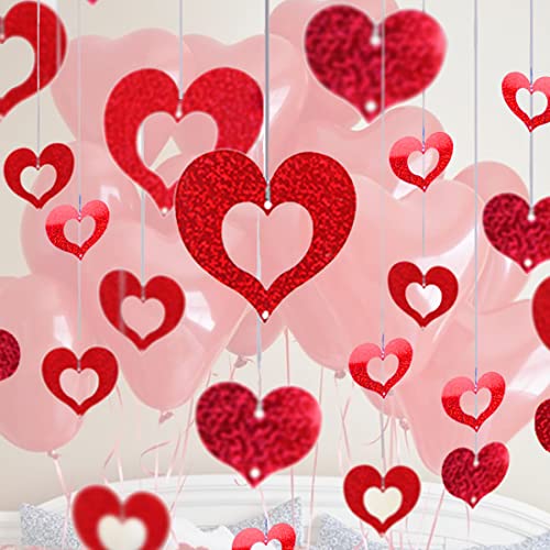 100PCS Valentines Day Red Pink White Balloons Hanging Swirls Kit, 12in Balloon Valentine's Day Wedding Bling Heart Ceiling Hanging Streamers for Sweetheart Wedding Bridal Shower Anniversary Engagement