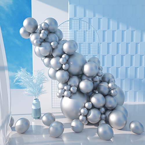 MOMOHOO Metallic Silver Balloons Garland - 60Pcs 18/12/10/5 Inch Silver Balloons Different Sizes, Silver Chrome Balloons Silver Latex Ballons Wedding Balloon, Engagement Anniversary Party Decorations