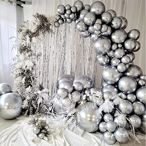 MOMOHOO Metallic Silver Balloons Garland - 60Pcs 18/12/10/5 Inch Silver Balloons Different Sizes, Silver Chrome Balloons Silver Latex Ballons Wedding Balloon, Engagement Anniversary Party Decorations