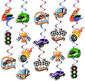 36pcs hot race car party hanging swirls decorations, checkered flags racing themed foil ceiling swirl whirl for kids boys men race fans birthday party supplies