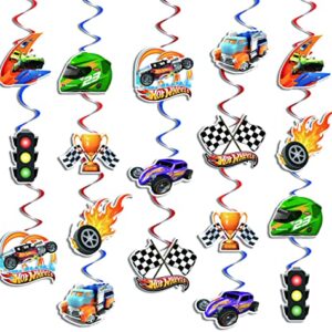 36Pcs Hot Race Car Party Hanging Swirls Decorations, Checkered Flags Racing Themed Foil Ceiling Swirl Whirl for Kids Boys Men Race Fans Birthday Party Supplies