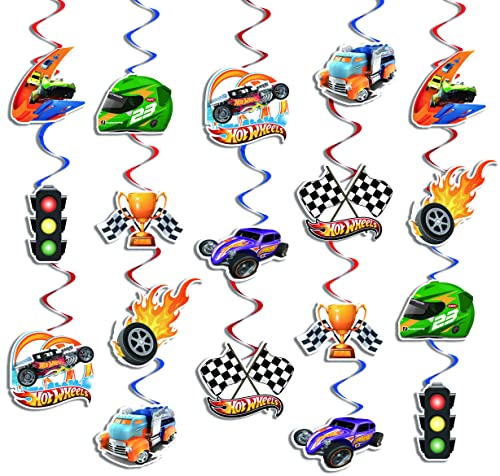 36Pcs Hot Race Car Party Hanging Swirls Decorations, Checkered Flags Racing Themed Foil Ceiling Swirl Whirl for Kids Boys Men Race Fans Birthday Party Supplies