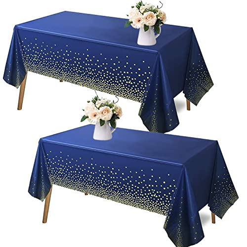 XIAMOOR 2 Pack Navy Blue Tablecloth Plastic, Table Cover for Parties, Dot Confetti Pattern Table Covers for Rectangle Tables, Fit for All Birthday Party, Wedding, Graduation, Anniversary, 54" x 108"