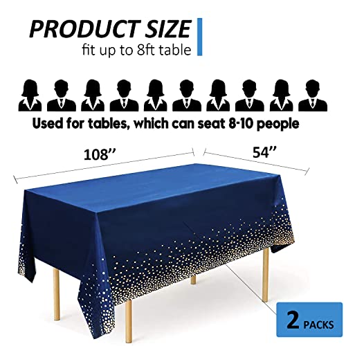 XIAMOOR 2 Pack Navy Blue Tablecloth Plastic, Table Cover for Parties, Dot Confetti Pattern Table Covers for Rectangle Tables, Fit for All Birthday Party, Wedding, Graduation, Anniversary, 54" x 108"