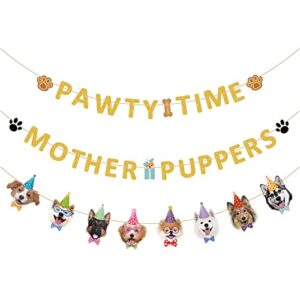 3 pieces let’s pawty banner dog birthday party supplies gold glitter mother puppers pawty time dog banners for dog birthday party decorations