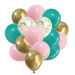 latex balloons teal pink gold – pastel color balloons for bridal baby shower girl birthday party decorations 12inch 50packs (robin egg blue + pink + gold)