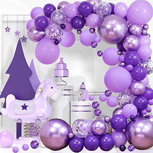 Purple Balloons Garland Arch Kit, Metallic Purple Balloons Arch 18'' 12'' 10'' 5'', Purple Confetti Balloons for Birthday Baby Shower Wedding Graduation Party Decorations for Women Girls Birthday