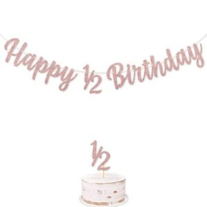 happy 1/2 birthday banner half birthday banner 6 months banner pre-strung 1/2 half year cake topper for baby’s 6 months half year birthday party decorations (rose gold)