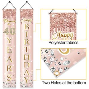 40th Birthday Decorations Door Banner for Women, Pink Rose Gold Cheers to 40 Years Happy Birthday Sign Party Supplies, Sweet Forty Birthday Backdrop Porch Decor