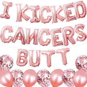 tihuprly cancer survivor cancer free party decor – rose gold – 16″ i kicked cancers but” foil balloon + 5 confetti balloons + 5 latex balloons – breast cancer free banner breast protection banner