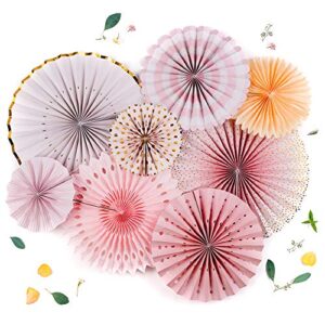 papakit origami wall decoration set (8 assorted round paper fans) birthday party baby shower wedding events decor | creative art design pattern (sparkling pink rose blush, 8 piece set)