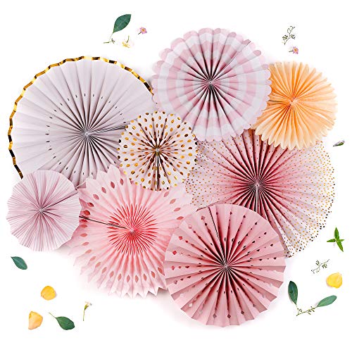 PapaKit Origami Wall Decoration Set (8 Assorted Round Paper Fans) Birthday Party Baby Shower Wedding Events Decor | Creative Art Design Pattern (Sparkling Pink Rose Blush, 8 Piece Set)