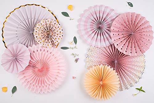 PapaKit Origami Wall Decoration Set (8 Assorted Round Paper Fans) Birthday Party Baby Shower Wedding Events Decor | Creative Art Design Pattern (Sparkling Pink Rose Blush, 8 Piece Set)