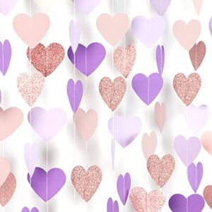 rose-gold pink-purple party-decorations heart garland – 52ft streamers baby shower decorations girl women birthday hanging paper banner,valentines day wedding engagement decor lasting surprise
