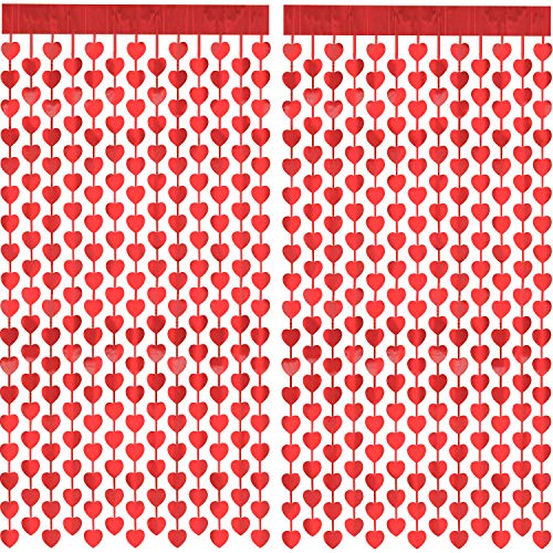 Mosoan 2 Pieces Red Heart Foil Fringe Curtains - 3.3 FT x 6.6 FT Red Heart Streamer for Valentines Party Decorations - Red Fringe Backdrop for Valentines Decor Birthday Wedding Baby Shower