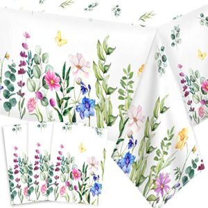 3 pieces spring summer floral table cover watercolor wild flowers tablecloth plastic rectangular floral tablecloth for dining kitchen room picnic camping birthday party holiday decor, 43 x 70 inches