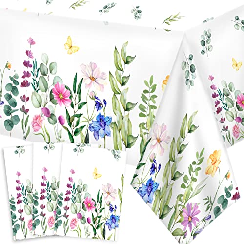 3 Pieces Spring Summer Floral Table Cover Watercolor Wild Flowers Tablecloth Plastic Rectangular Floral Tablecloth for Dining Kitchen Room Picnic Camping Birthday Party Holiday Decor, 43 x 70 Inches