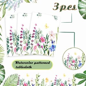 3 Pieces Spring Summer Floral Table Cover Watercolor Wild Flowers Tablecloth Plastic Rectangular Floral Tablecloth for Dining Kitchen Room Picnic Camping Birthday Party Holiday Decor, 43 x 70 Inches