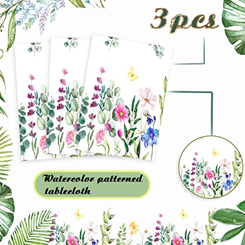 3 Pieces Spring Summer Floral Table Cover Watercolor Wild Flowers Tablecloth Plastic Rectangular Floral Tablecloth for Dining Kitchen Room Picnic Camping Birthday Party Holiday Decor, 43 x 70 Inches
