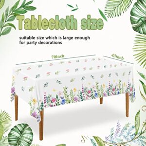 3 Pieces Spring Summer Floral Table Cover Watercolor Wild Flowers Tablecloth Plastic Rectangular Floral Tablecloth for Dining Kitchen Room Picnic Camping Birthday Party Holiday Decor, 43 x 70 Inches