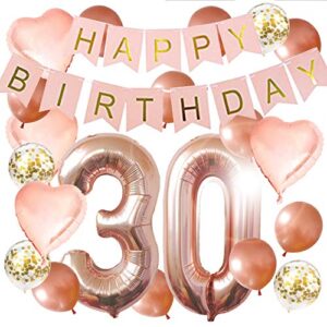 30th Birthday Decorations For Her - Birthday Decorations: 40 Inch 30th Gold Balloons, Pink and Gold Happy Birthday Decorations for Women, Happy Birthday Banner, Confetti Balloons, Rose Gold Heart Balloons (22 Pieces)