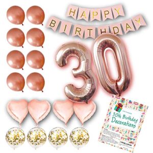 30th Birthday Decorations For Her - Birthday Decorations: 40 Inch 30th Gold Balloons, Pink and Gold Happy Birthday Decorations for Women, Happy Birthday Banner, Confetti Balloons, Rose Gold Heart Balloons (22 Pieces)