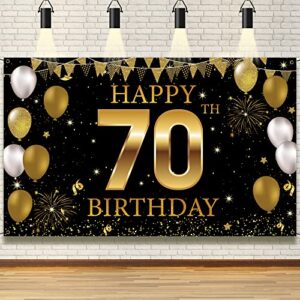 70th birthday party decorations backdrop banner, black gold happy 70th birthday decorations for men women, 70 years old birthday photo booth props, 70 birthday sign for outdoor indoor, fabric vicycaty