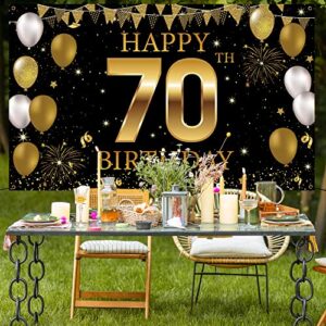 70th Birthday Party Decorations Backdrop Banner, Black Gold Happy 70th Birthday Decorations for Men Women, 70 Years Old Birthday Photo Booth Props, 70 Birthday Sign for Outdoor Indoor, Fabric Vicycaty