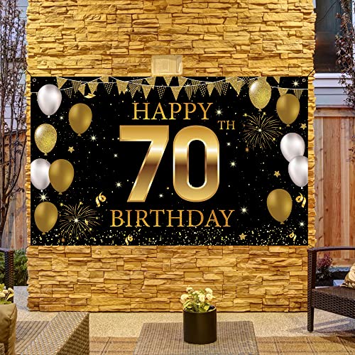 70th Birthday Party Decorations Backdrop Banner, Black Gold Happy 70th Birthday Decorations for Men Women, 70 Years Old Birthday Photo Booth Props, 70 Birthday Sign for Outdoor Indoor, Fabric Vicycaty