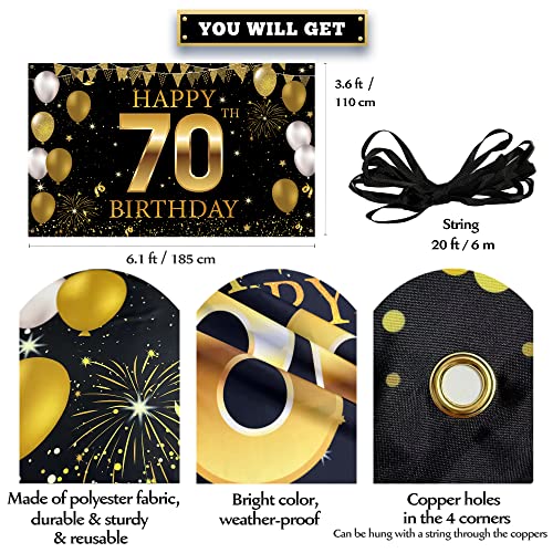 70th Birthday Party Decorations Backdrop Banner, Black Gold Happy 70th Birthday Decorations for Men Women, 70 Years Old Birthday Photo Booth Props, 70 Birthday Sign for Outdoor Indoor, Fabric Vicycaty