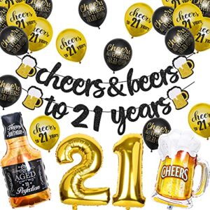 21th birthday decorations, 21 years anniversary decorations for men women, cheers to 21 years banner, 32 inch number 21 gold foil balloon, 21 sign latex balloon, cheers cup foil balloon