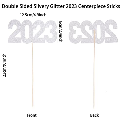 12 Pieces Glitter 2023 Centerpiece Sticks Silver Double Sided 2023 Graduation Party Sticks 2023 Floral Picks Table Centerpiece Topper for 2023 Graduation New Year Party Decoration Supplies,4.9x9.1"