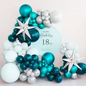 chrome dark teal winter balloon garland arch kit 120pcs double stuffed metallic teal and silver mint green balloons for wedding women birthday winter wonderland decorations